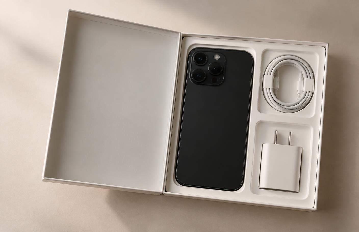 An open Apple device tray with a black iPhone, cable and charger